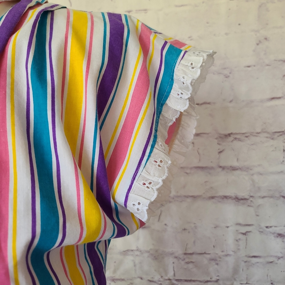 Vintage 80s J.F.I. Colorful Stripe Short Sleeve Button Front Top Lace Trim Small - Picture 8 of 11